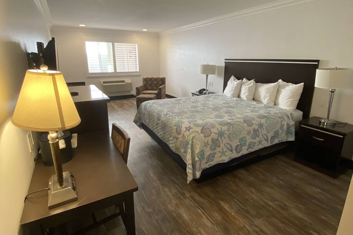 Economy Room, 1 King Bed, Refrigerator & Microwave | Desk, blackout drapes, iron/ironing board (on request), WiFi (free)