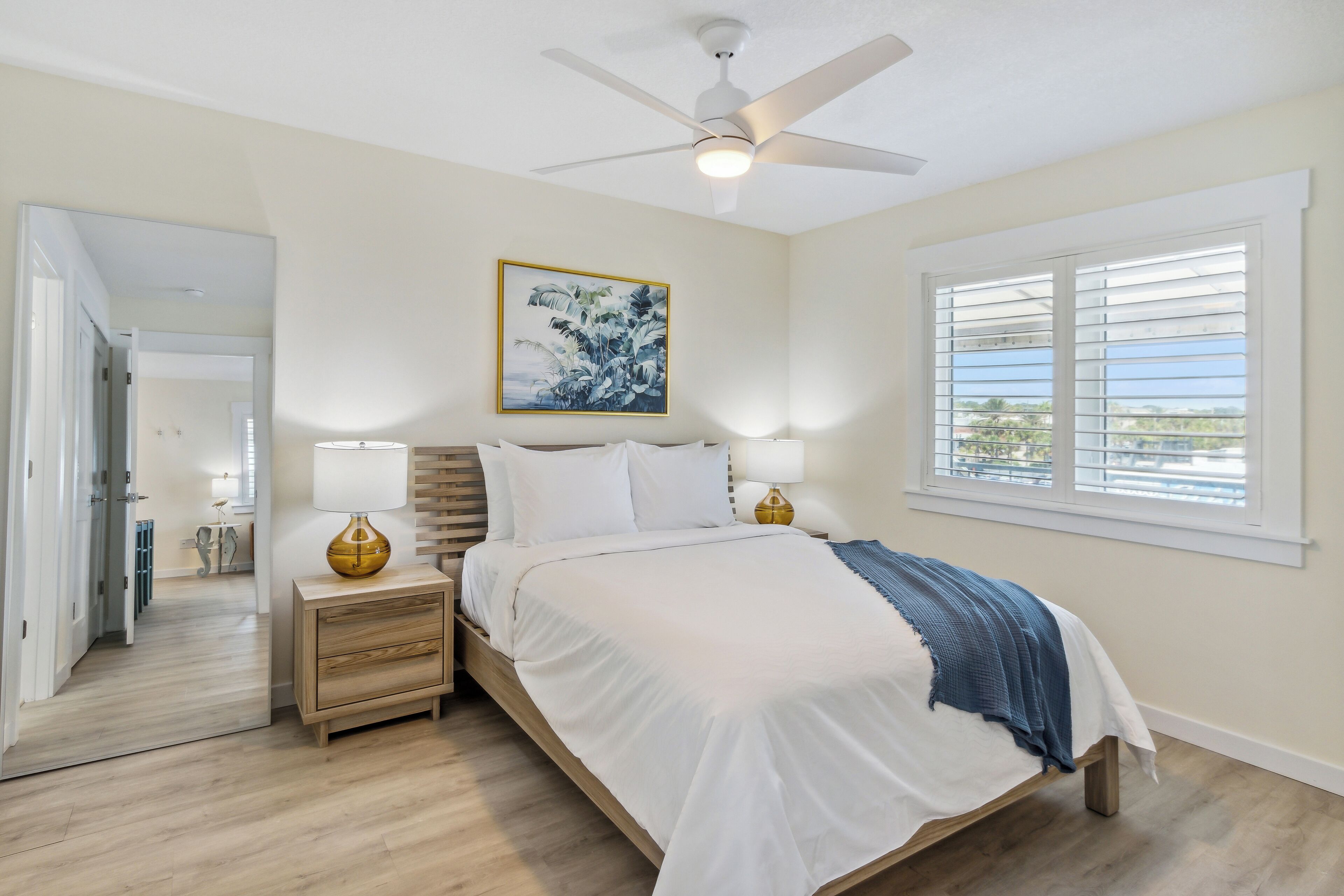 premium bedding, desk, blackout curtains, iron/ironing board