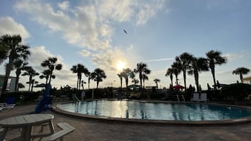 Outdoor pool, pool umbrellas, pool loungers