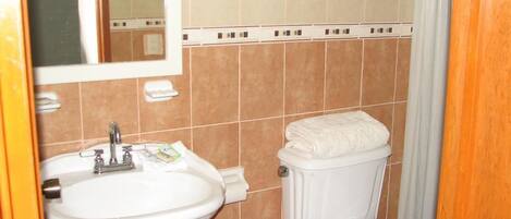 Un bagno con lavandino, WC e specchio.