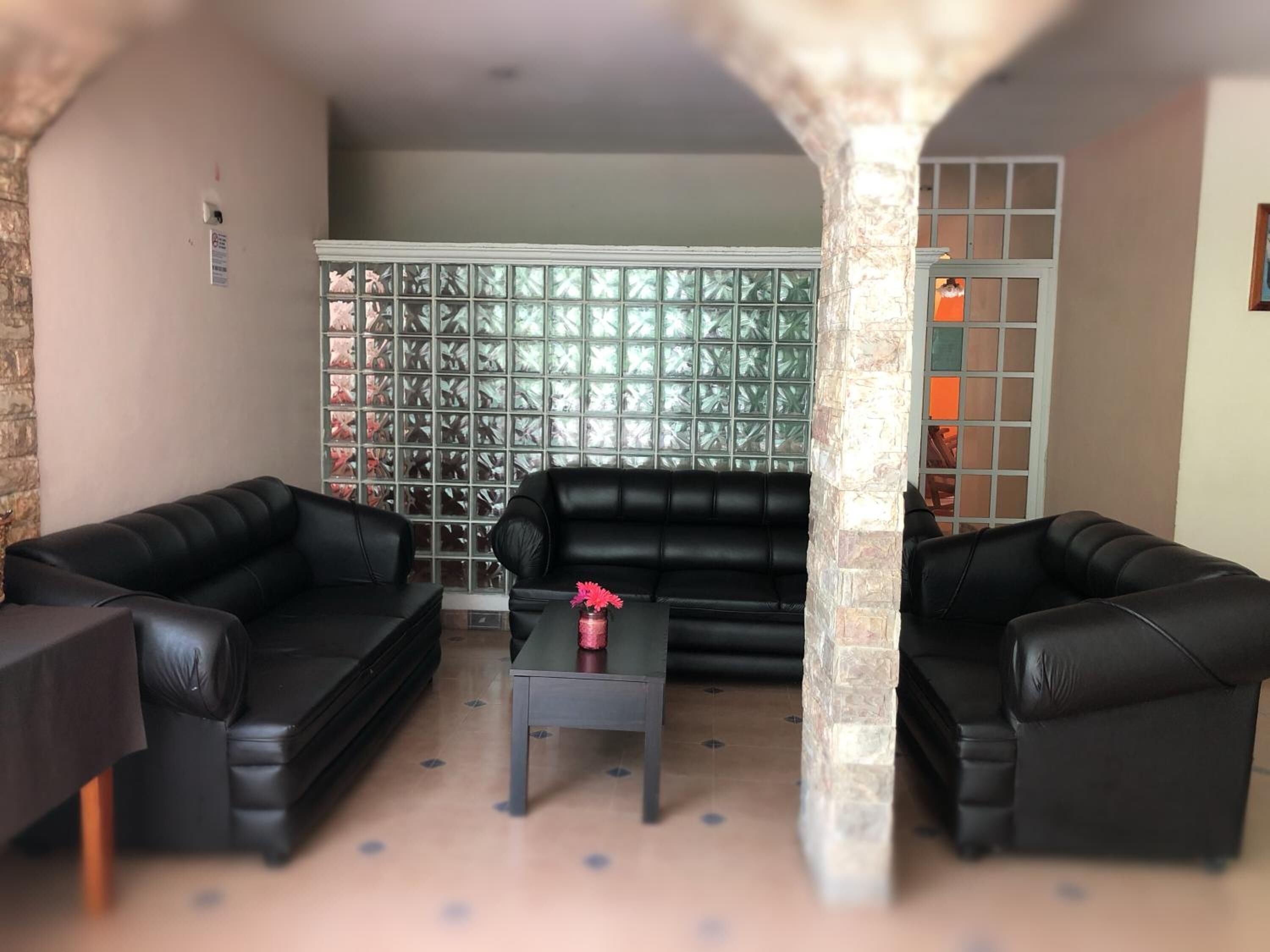 A living room with two black leather sofas, a small table with a vase of flowers, and a decorative wall with a geometric pattern.