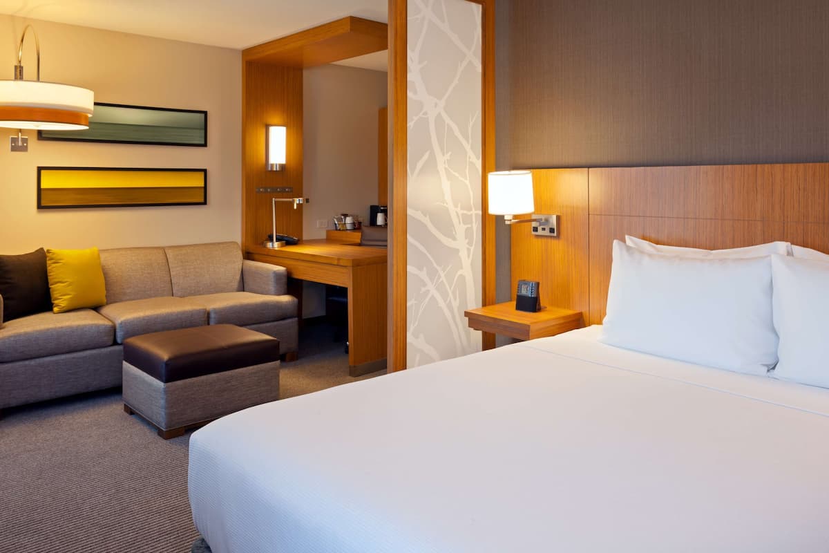A hotel room with a bed, a sofa, a desk, and a lamp.