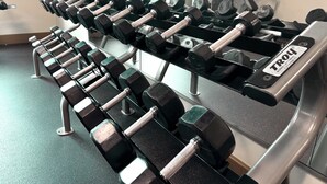 A gym with a row of dumbbells on a rack, a weight bench, and a window with a view of trees. - Boomtown Casino & Hotel New Orleans (Harvey)
