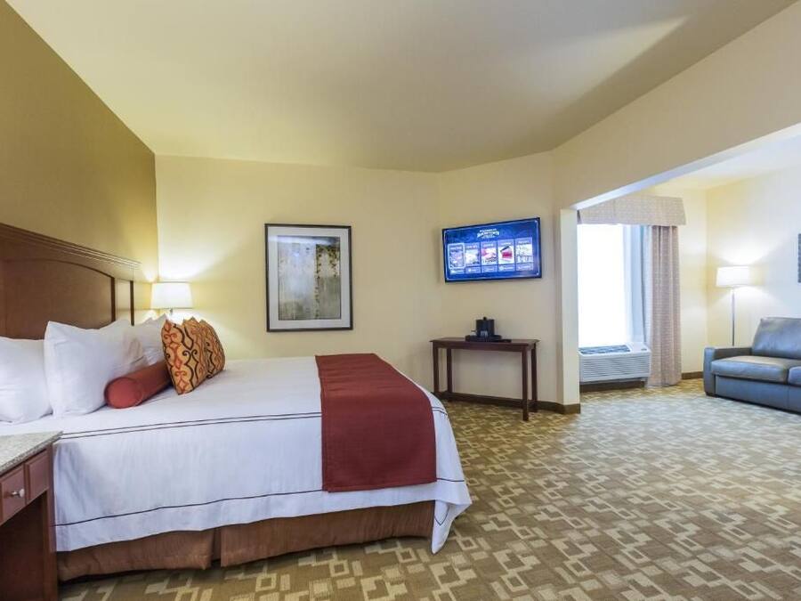 Quarto de hotel com cama, escrivaninha, televisão, sofá e tapete estampado.
