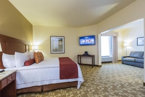 Ein Hotelzimmer mit einem Bett, einem Schreibtisch, einem Fernseher, einer Couch und einem gemusterten Teppich.