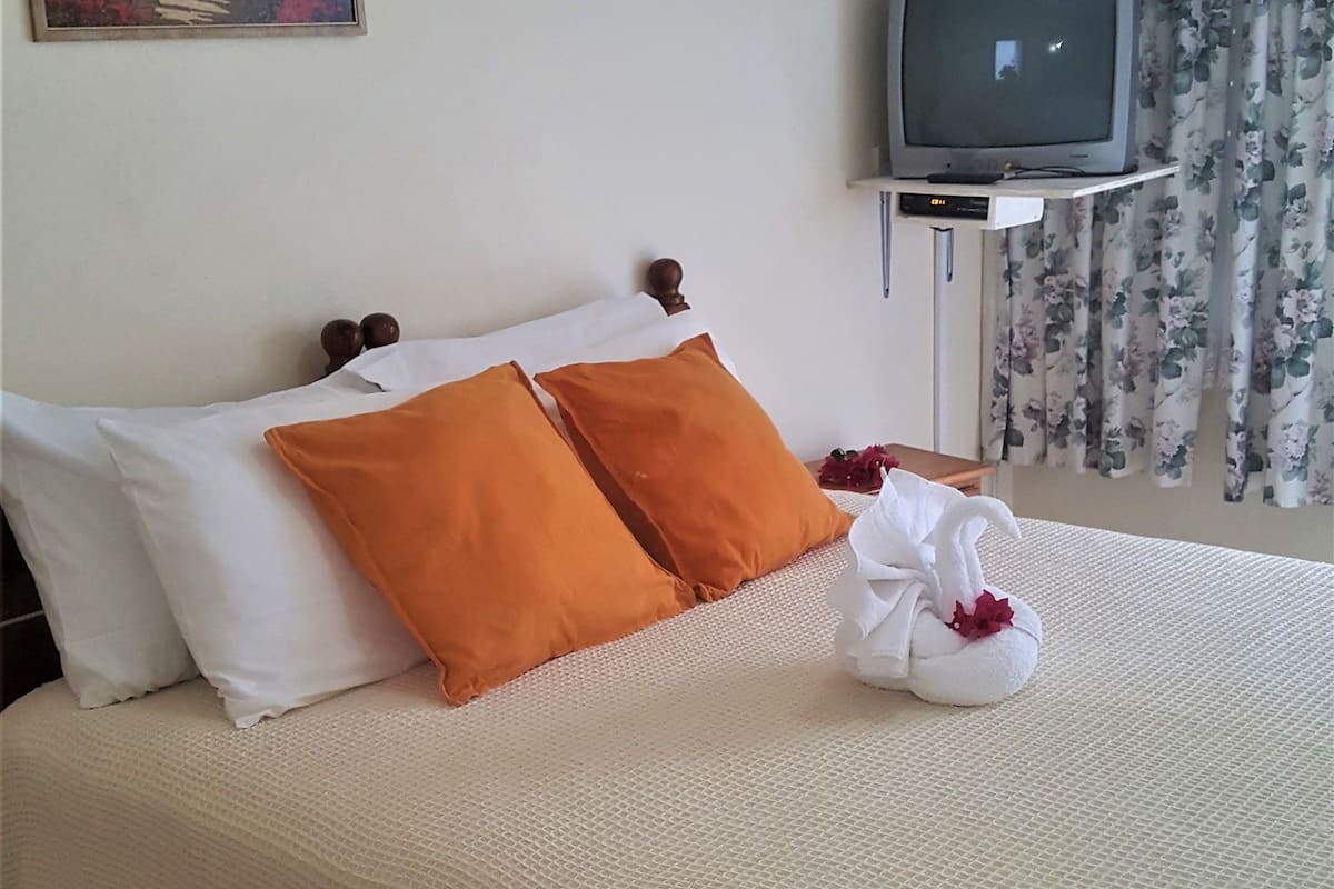 Une chambre d’hôtel avec un lit, des oreillers, une télévision, un tableau et un rideau à motifs floraux.