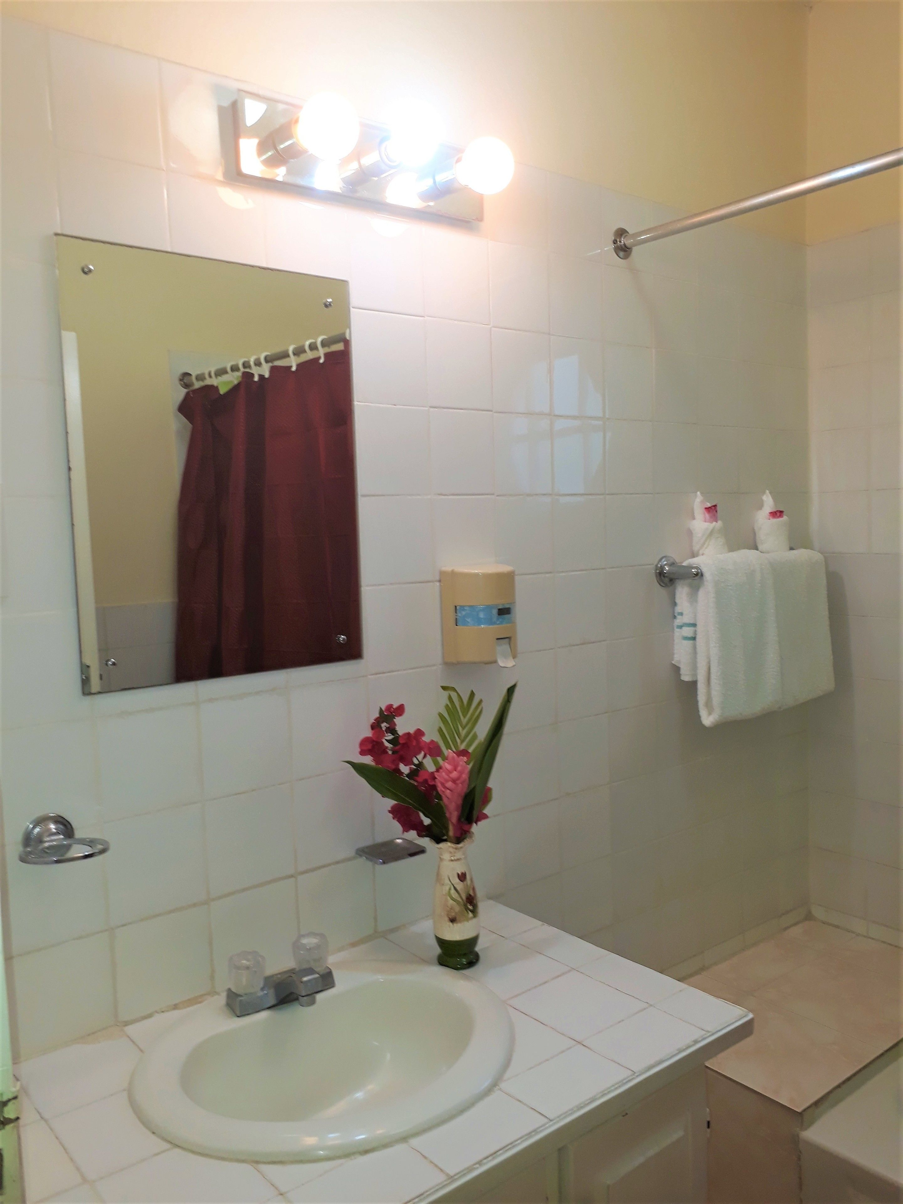 A bathroom with a white sink, mirror, and towel rack.