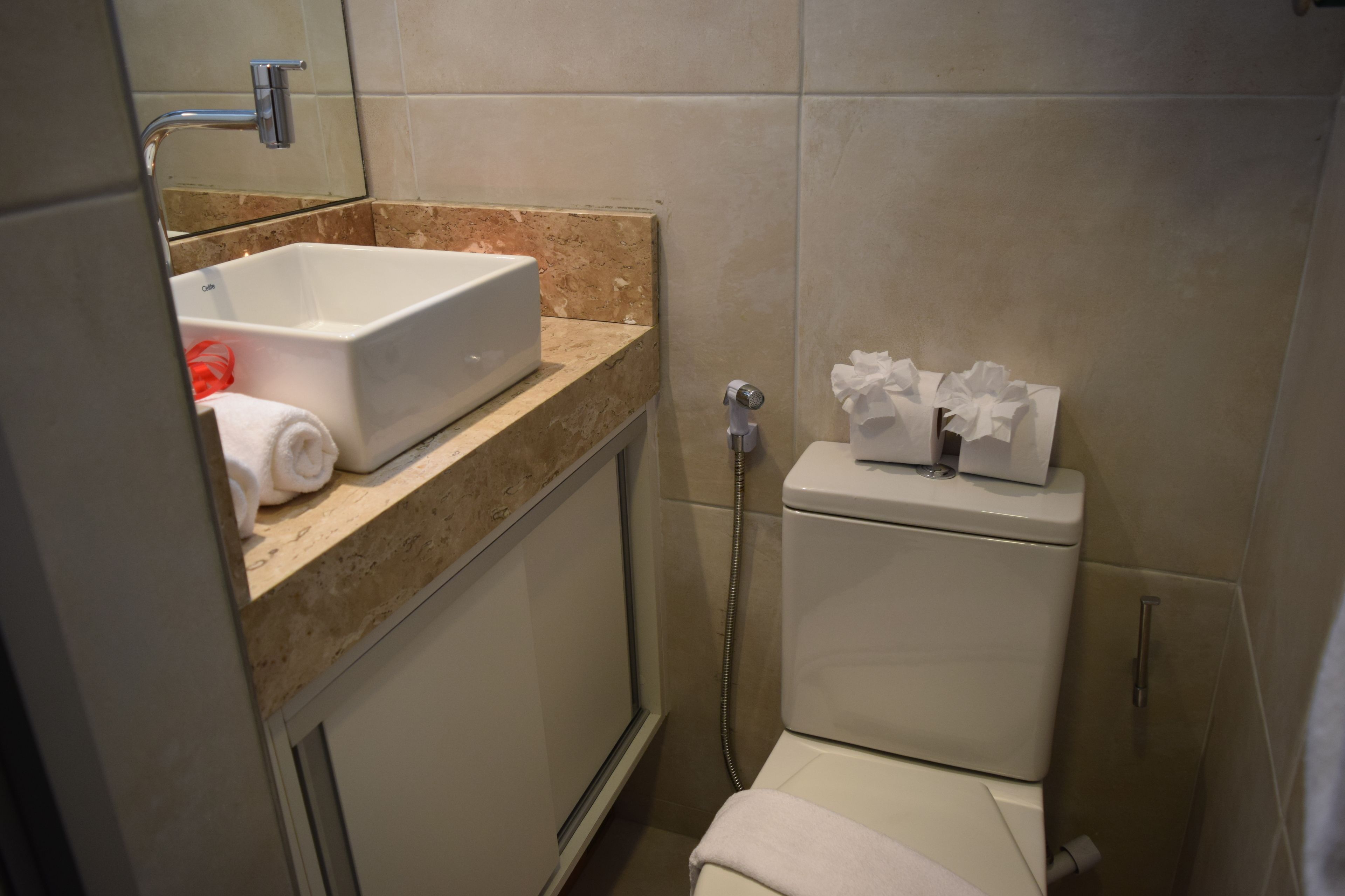 A bathroom with a white sink, a toilet, and a shower.