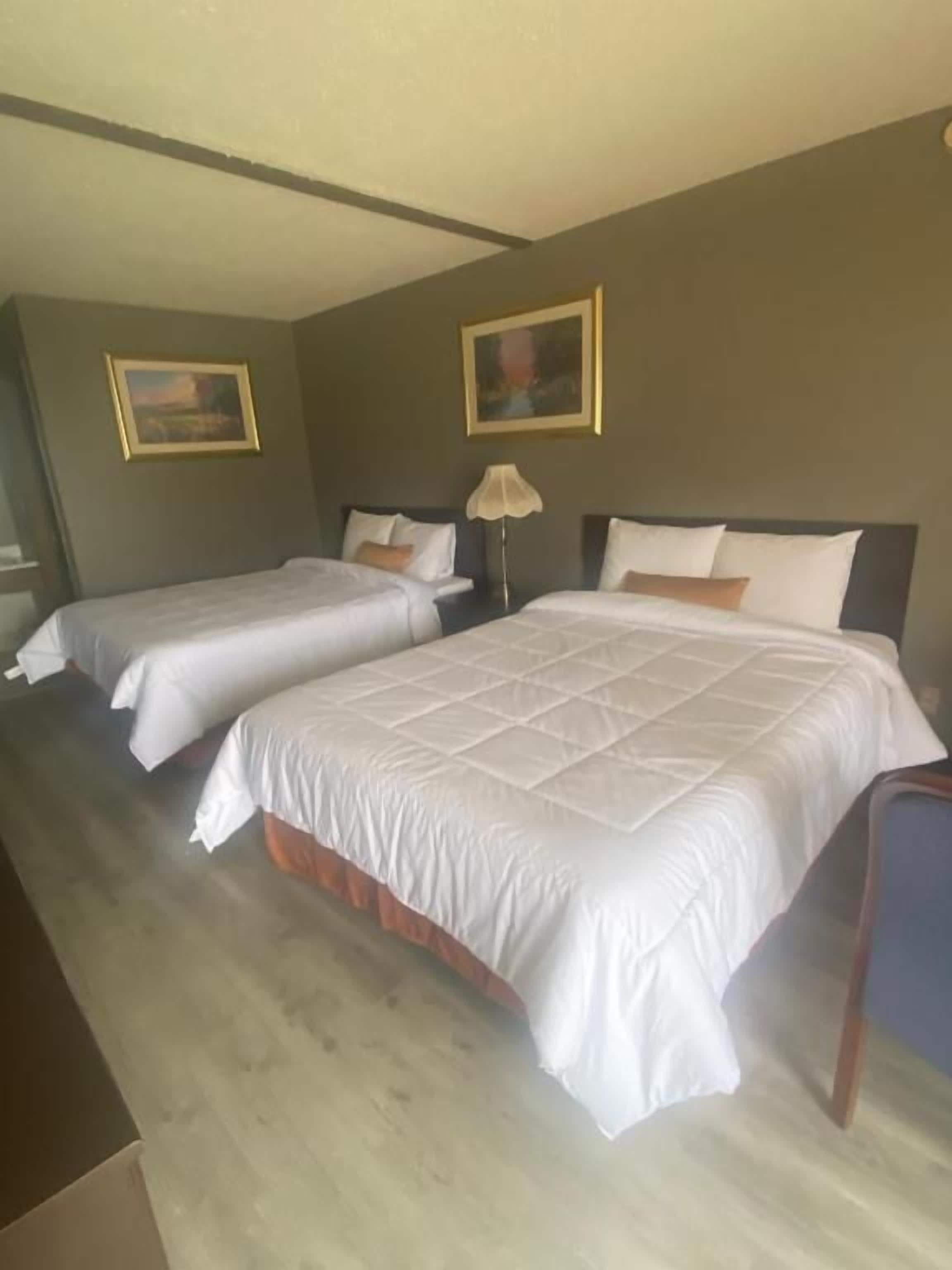 A hotel room with two beds, a nightstand, and a lamp.