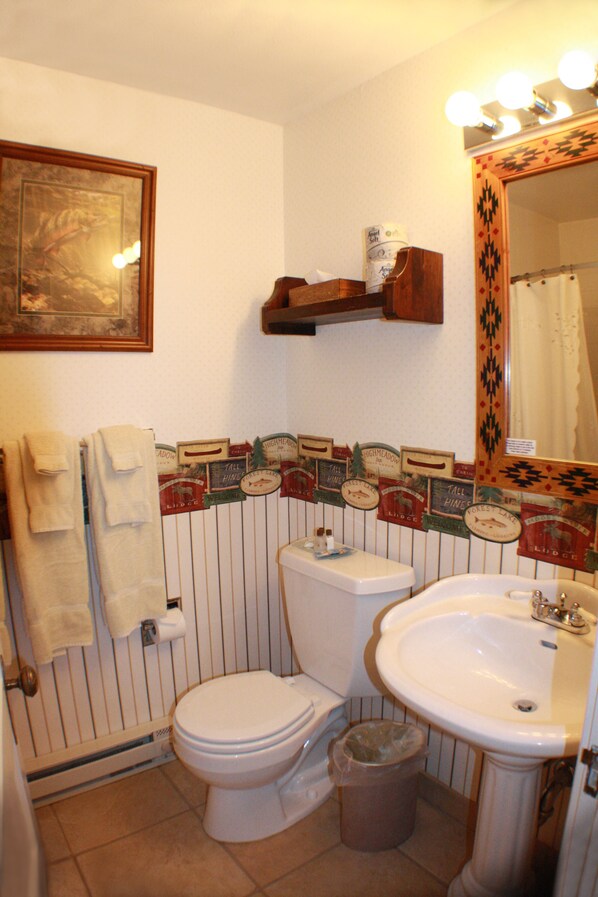 A bathroom with a toilet, sink, and a mirror with lights. There are towels hanging on the wall, and a trash can is visible. - Ranch at Ucross (Clearmont)