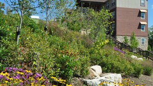 A multi-story building with a stone facade and a red roof, surrounded by a landscaped garden with yellow and purple flowers. - The Lodges at the Great Smoky Mountains (Pigeon Forge)