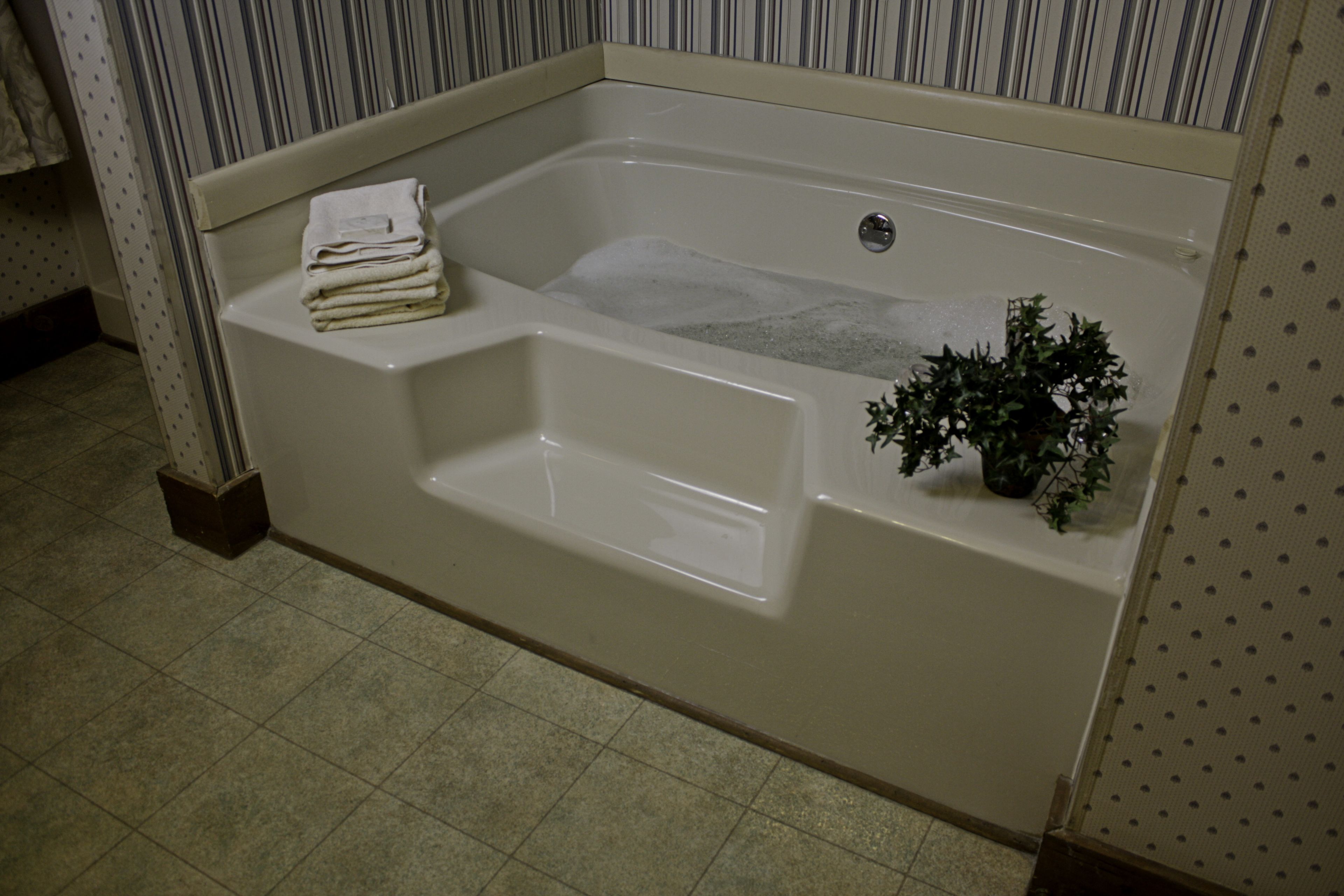 A rectangular bathtub with a built-in seat and a small plant on the side.