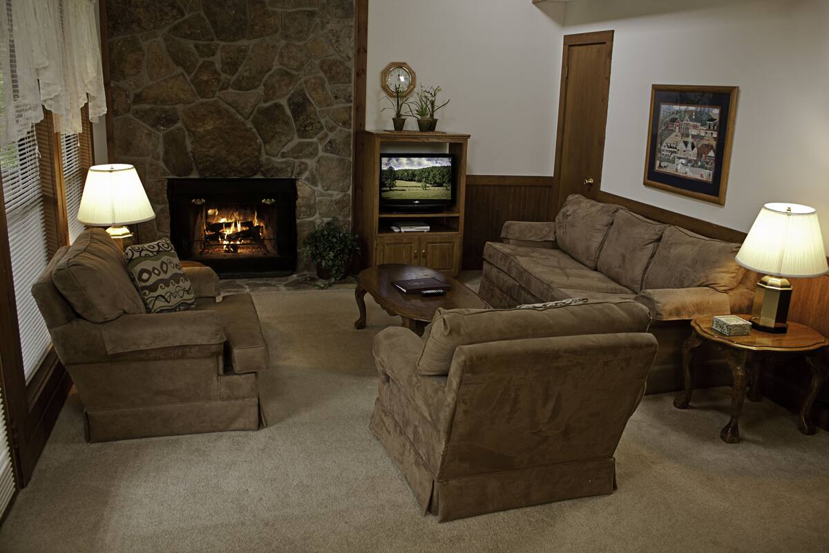A cozy living room with a stone fireplace, two sofas, a coffee table, and a television.