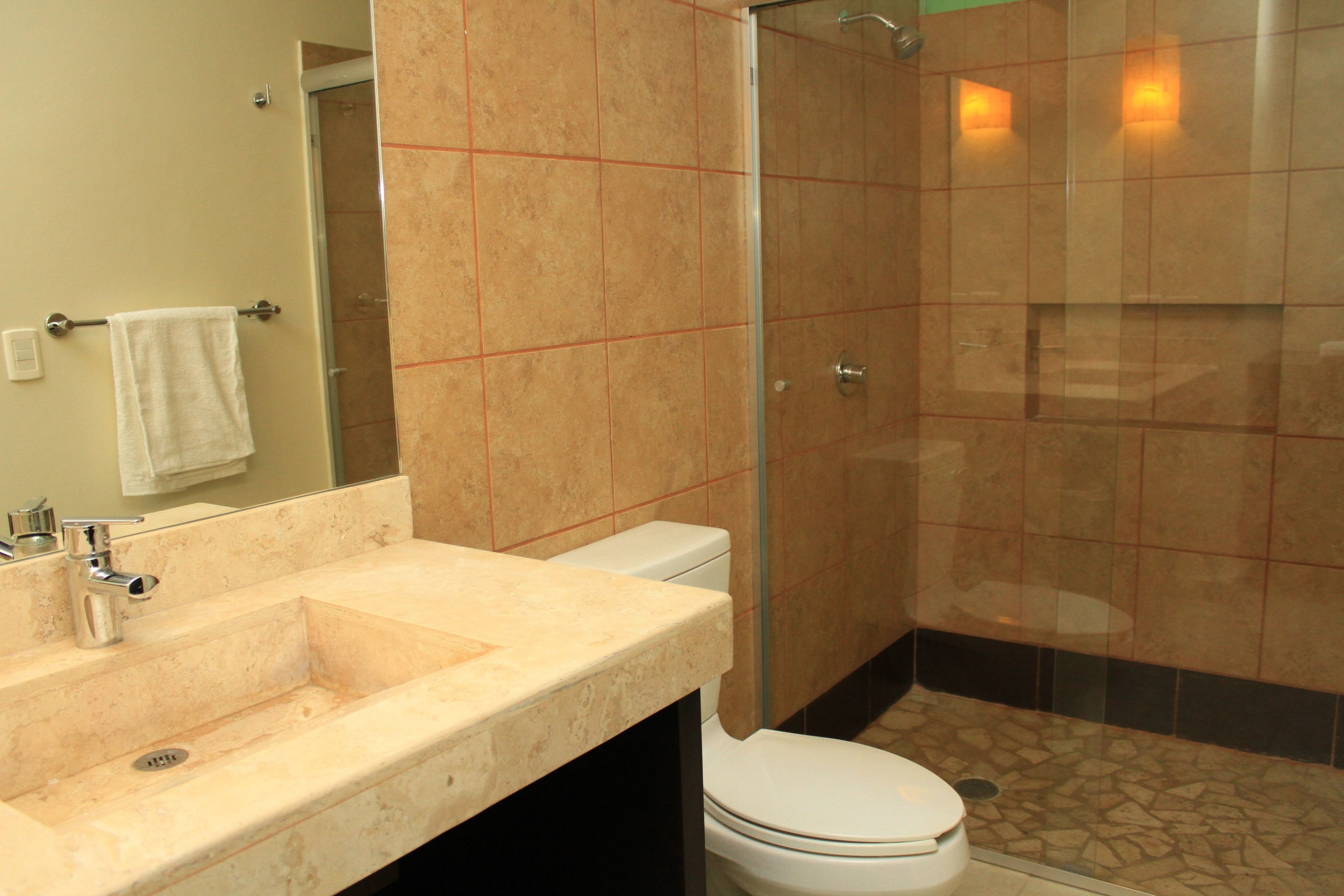 deluxe room | bathroom | shower, free toiletries, hair dryer, towels
