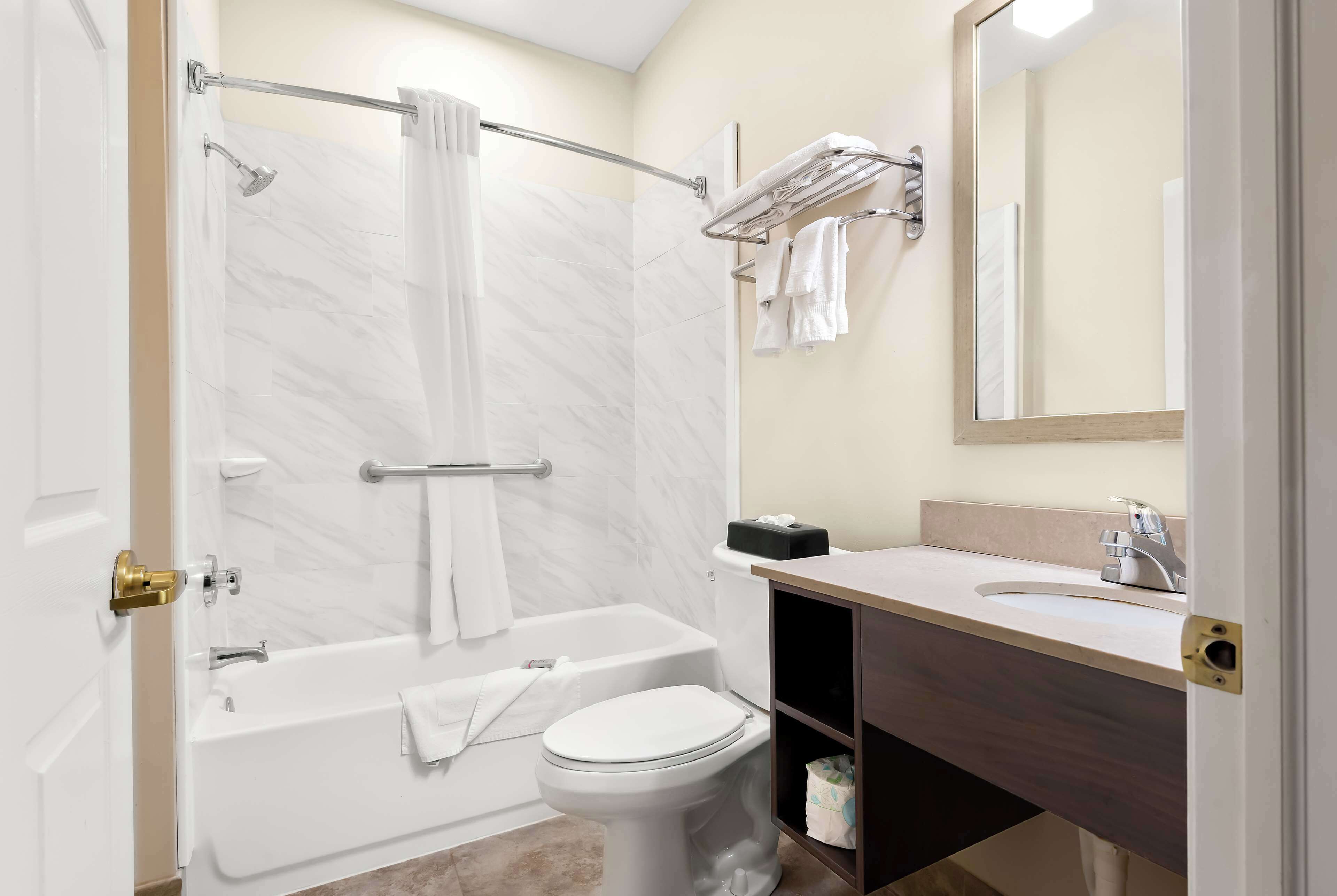 combined shower/bathtub, hair dryer, towels