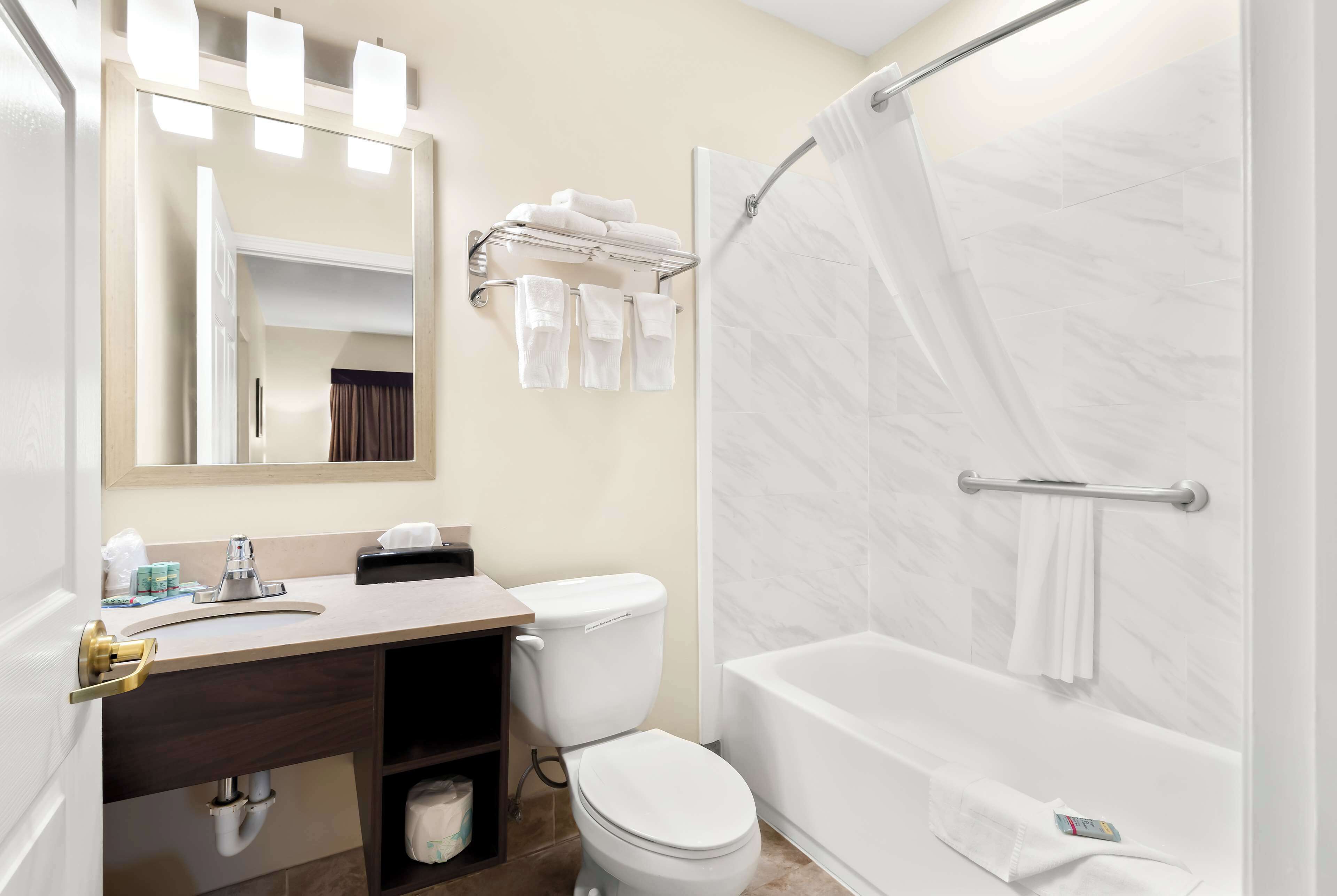 suite, 1 king bed, non smoking, refrigerator & microwave (with single sofabed) | bathroom | combined shower/bathtub, hair dryer, towels