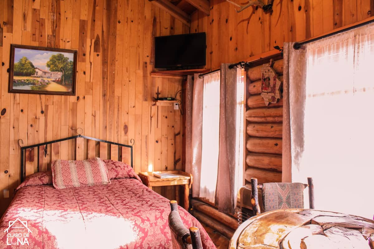 En stuga med träpanel, inredd med en säng, en tv, ett litet bord och en stol.