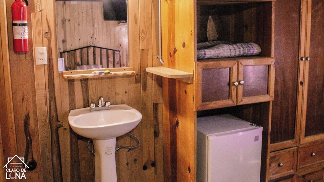 Une salle de bain de style rustique, avec des murs en bois, comprenant un lavabo, un miroir, un extincteur et un petit réfrigérateur.