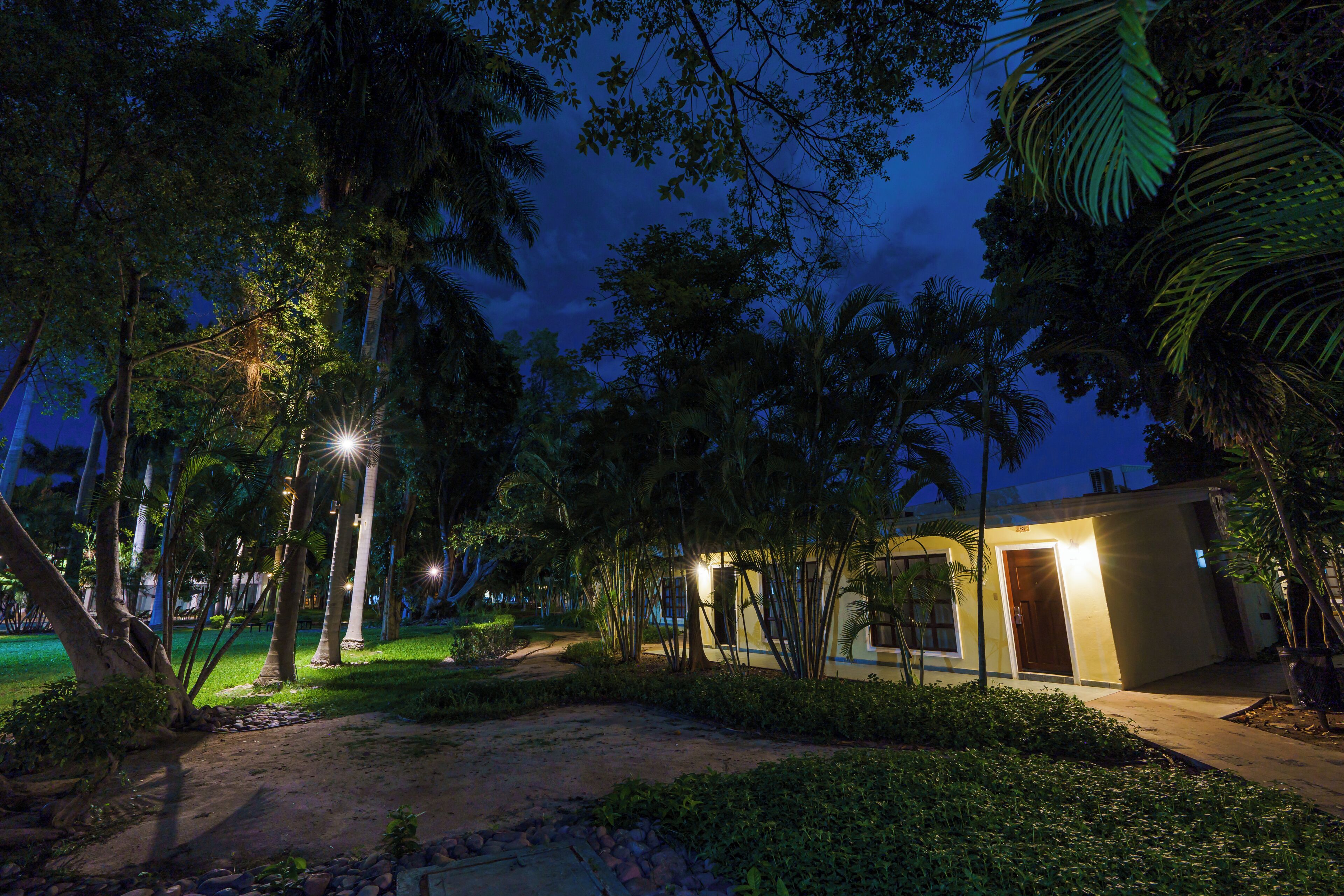 Vista nocturna de un resort con un camino iluminado, palmeras y un edificio con puerta y ventanas.