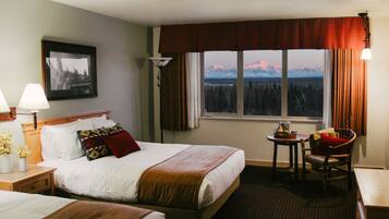 Desk, laptop workspace, blackout curtains, iron/ironing board