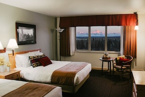 Desk, laptop workspace, blackout curtains, iron/ironing board