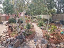 Un jardín con un sendero de piedra, diversas plantas y elementos decorativos.