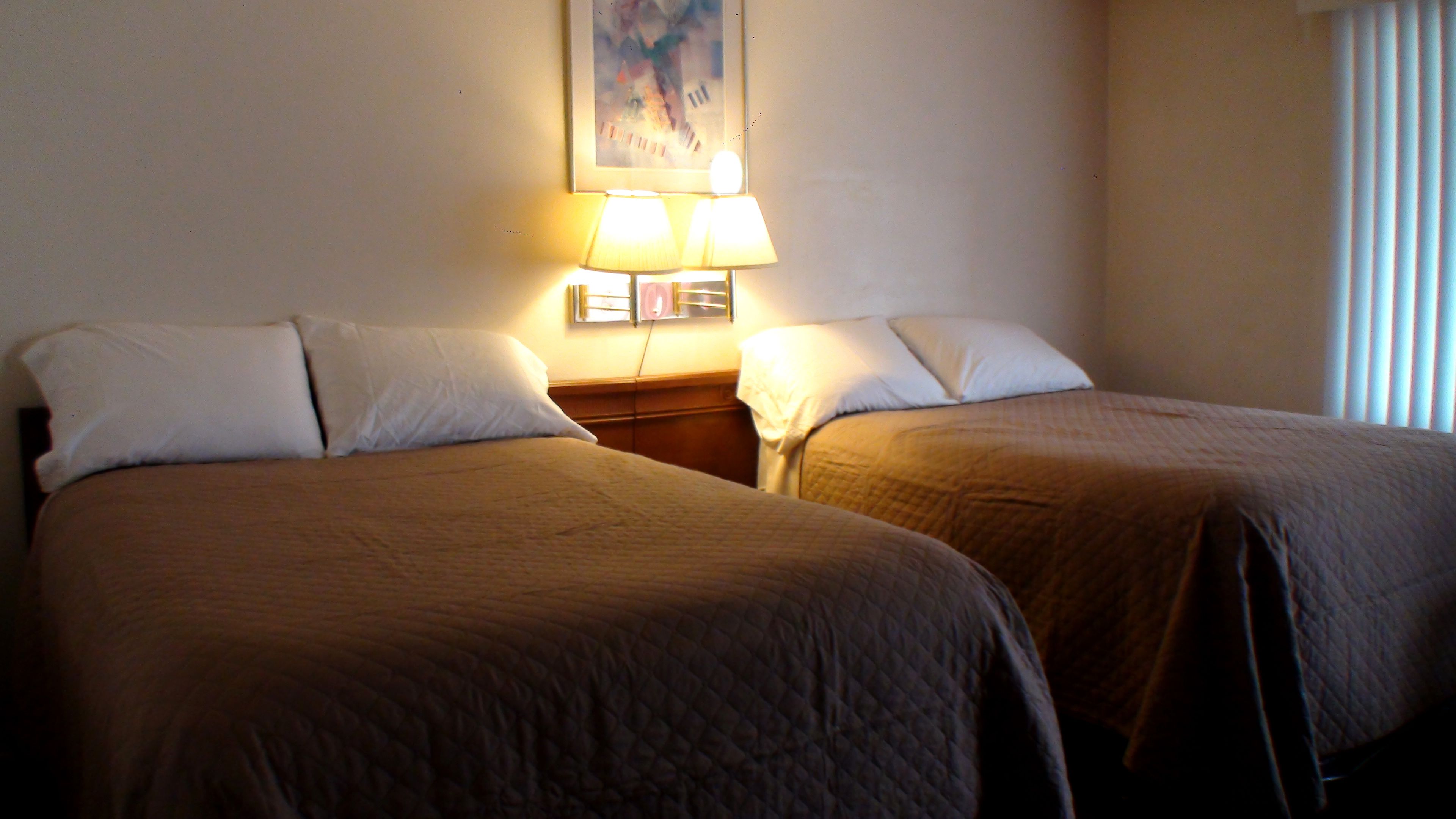 Una habitación de hotel con dos camas individuales, una mesita de noche con lámpara y un cuadro en la pared.
