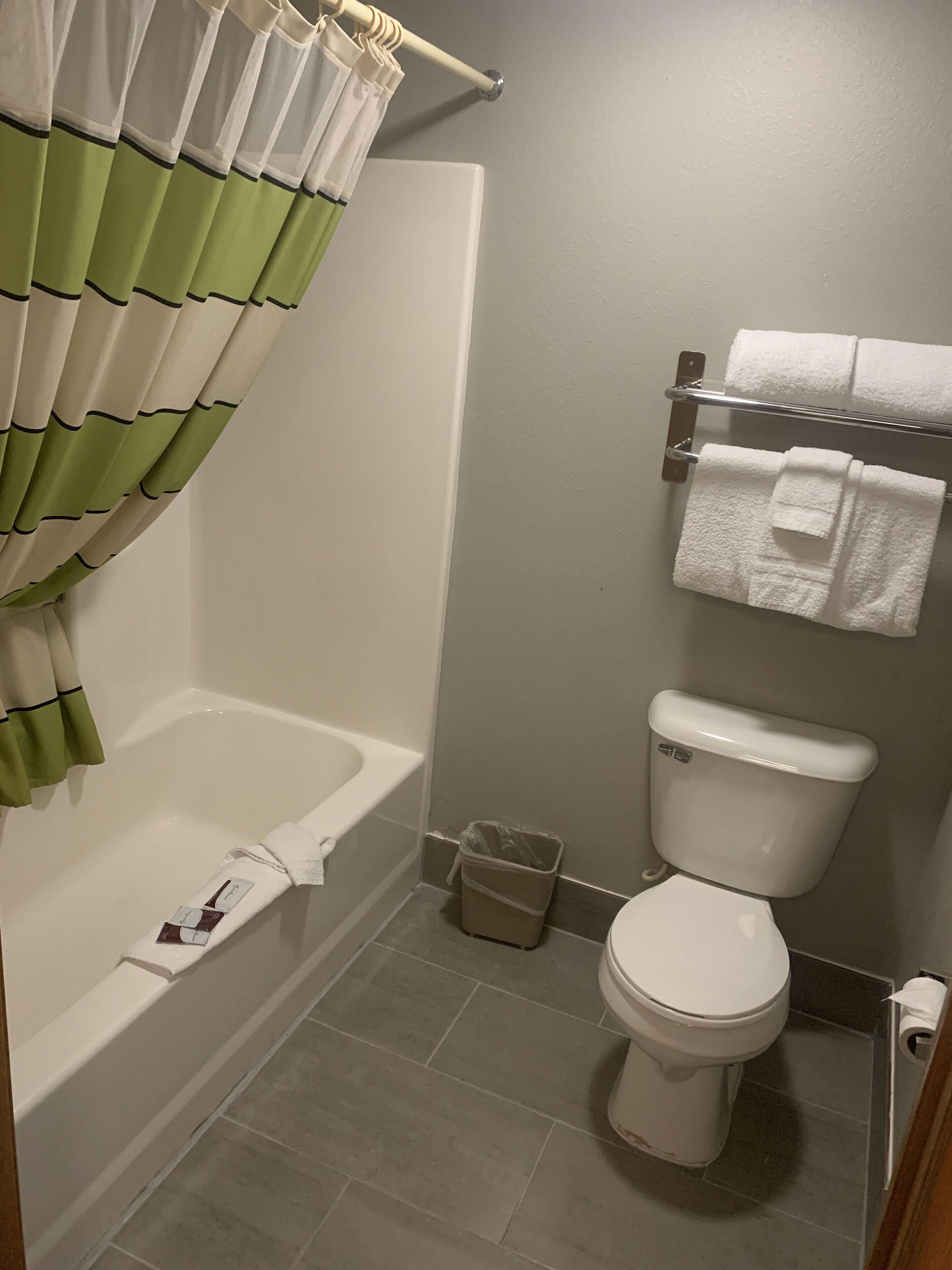 Standard Room, 2 Queen Beds, Refrigerator & Microwave | Bathroom | Combined shower/tub, free toiletries, hair dryer, towels