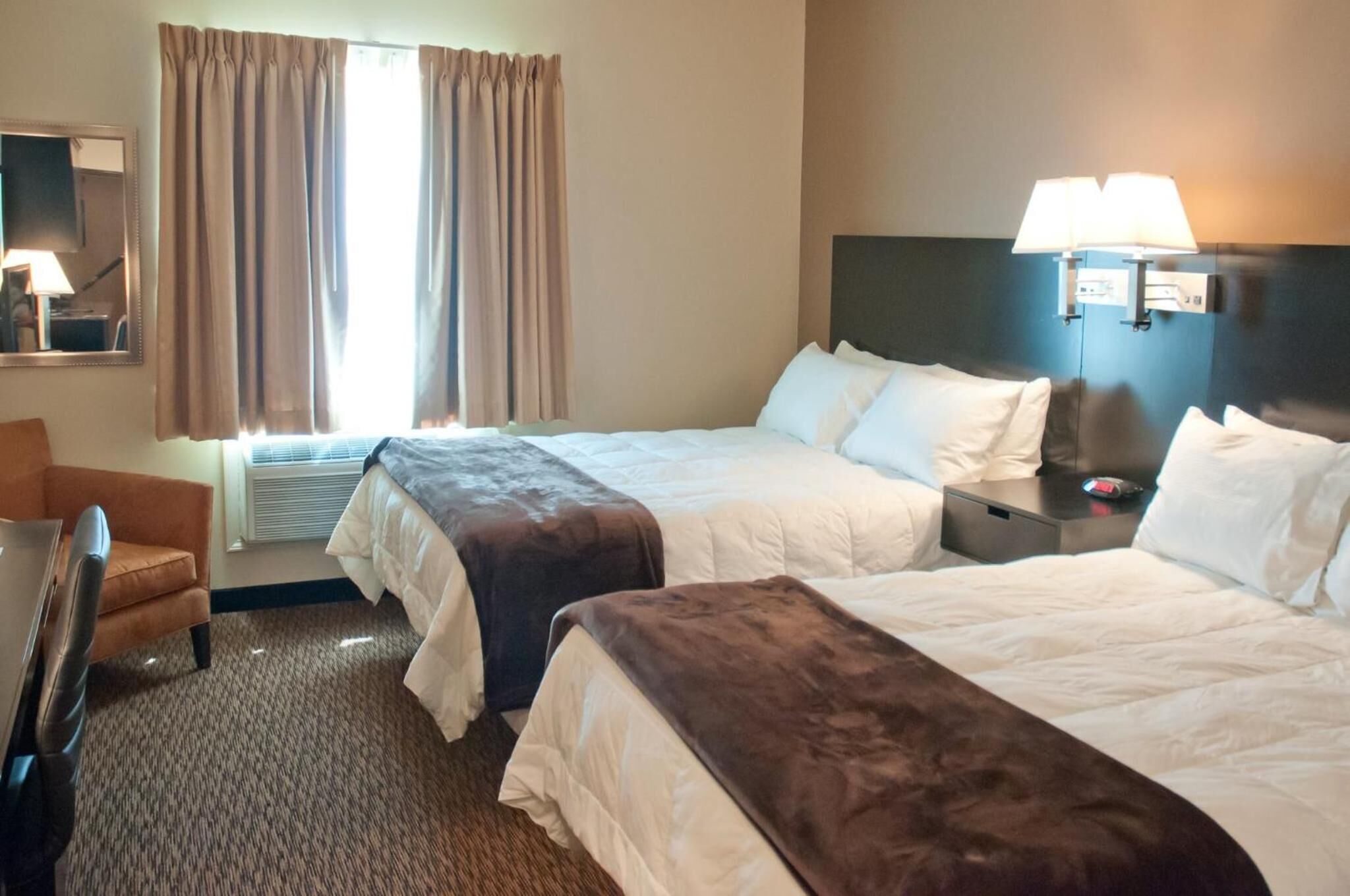 premium bedding, desk, blackout curtains, iron/ironing board