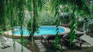 Indoor pool, outdoor pool, pool loungers