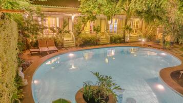 Indoor pool, outdoor pool, pool loungers