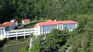 A large building with a red roof, surrounded by lush greenery and a river. - Gran Hotel Balneario de Cestona (Zestoa)