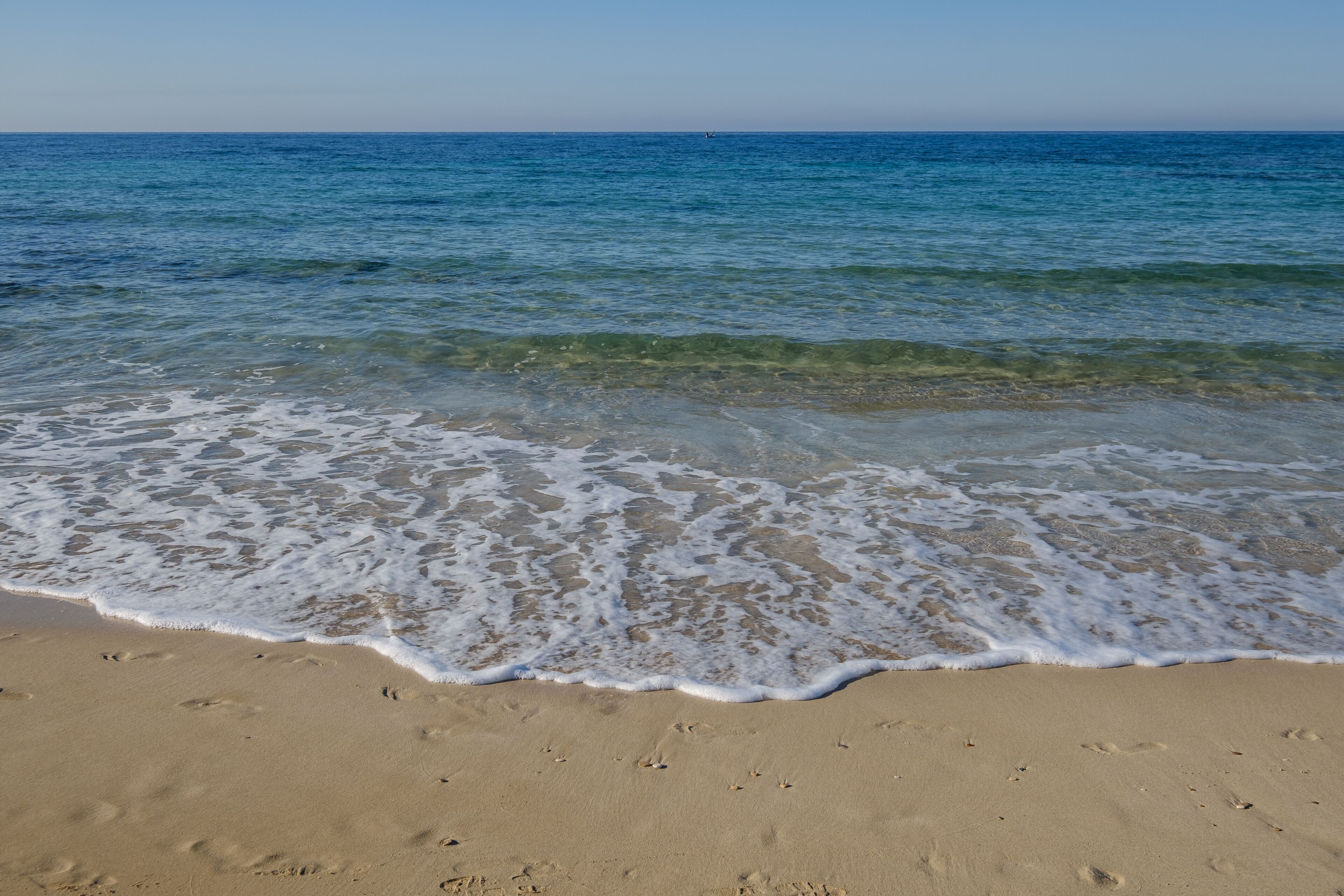 Una playa arenosa con olas suaves y cielo despejado.