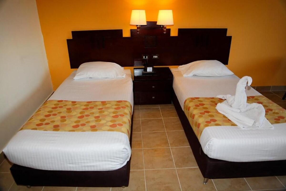 A hotel room with two single beds, each with a pillow and a blanket. There is a nightstand between the beds with a lamp and a small table.