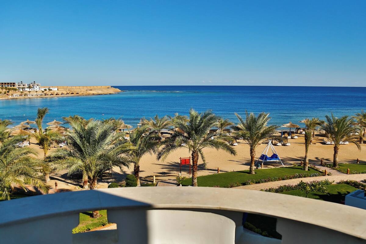 Un complexe hôtelier en bord de mer, avec des palmiers, un fauteuil suspendu et une vue sur l’océan.