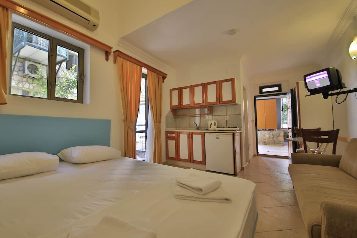 A bedroom with a bed, a small kitchenette, and a TV.