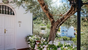 A white building with a white door, a tree with pink flowers, and a white building in the background. - Villa Carolina Country House (Sorrento)