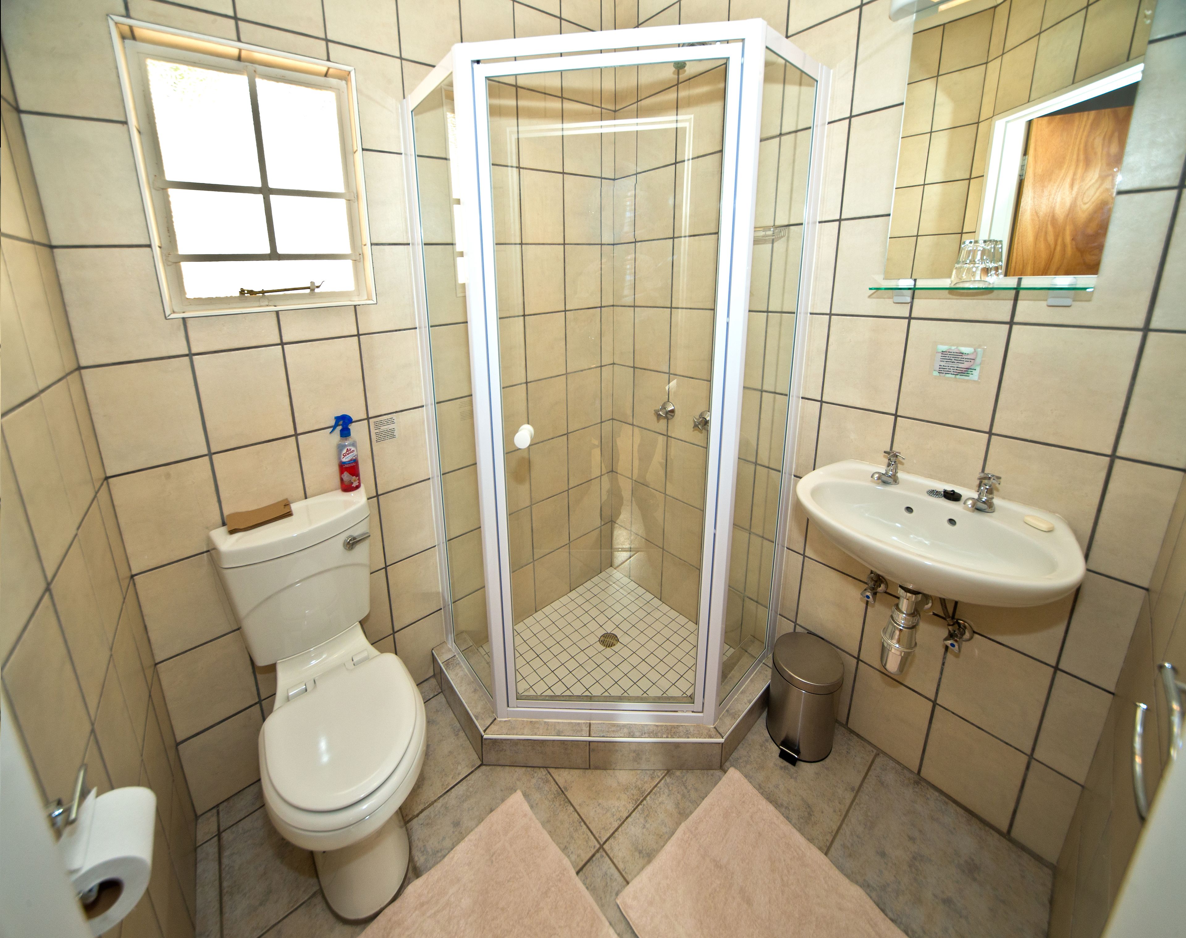 family room | bathroom | shower, rainfall showerhead, towels, soap