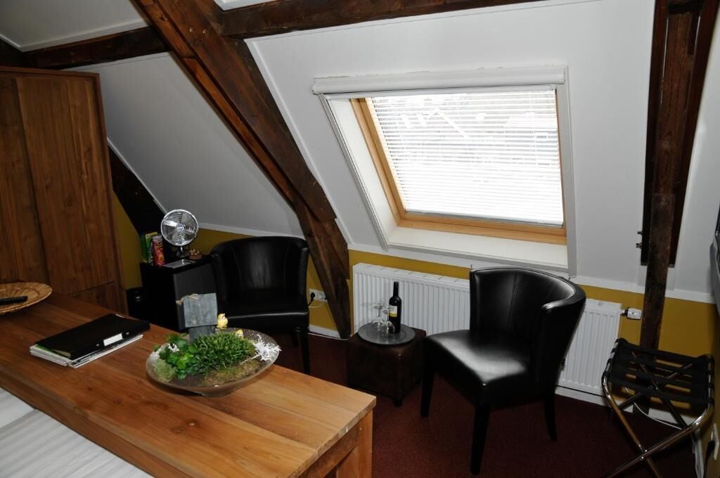 A room with a sloped ceiling, a skylight, a wooden table with a plant, two black chairs, and a radiator.