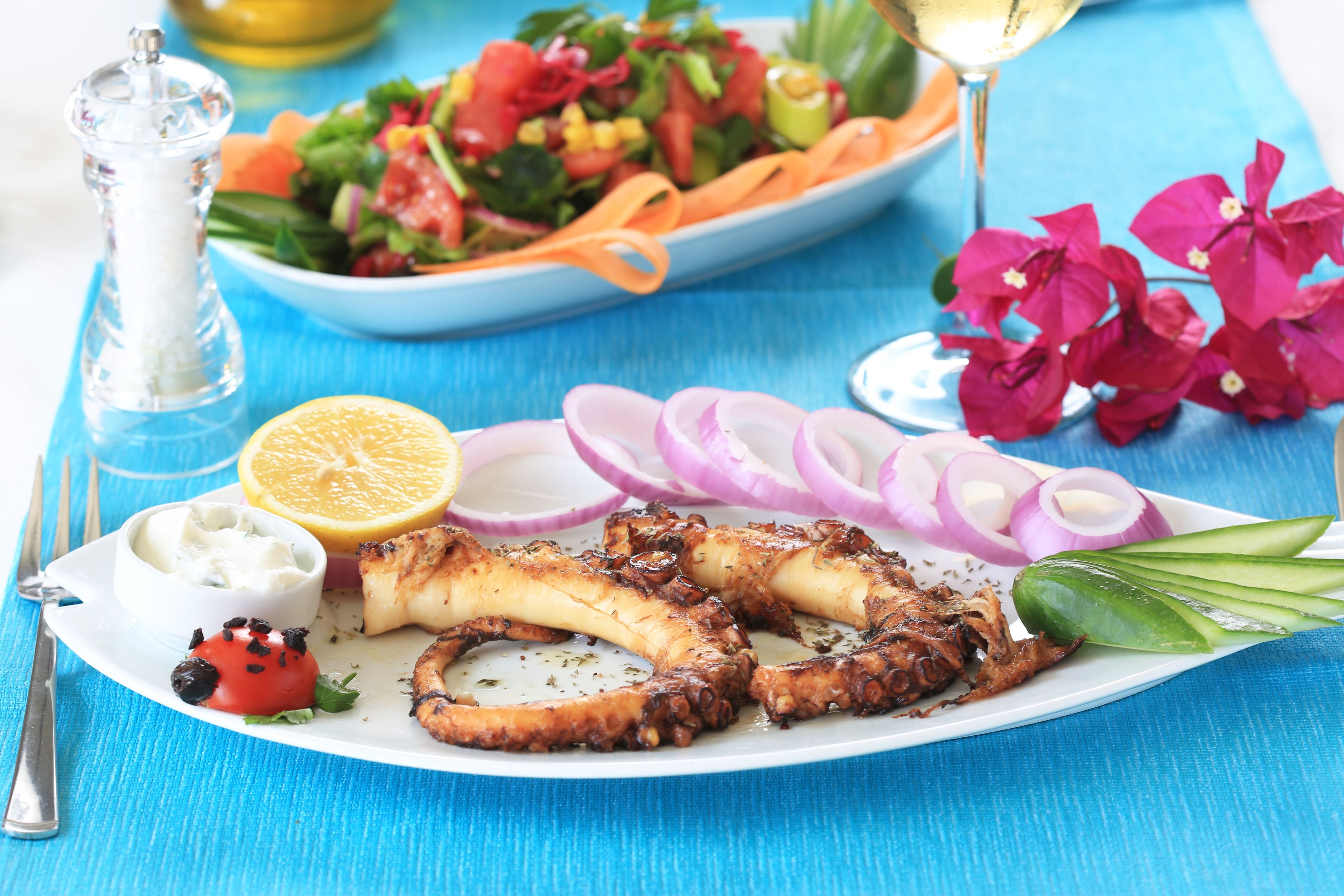 Ein Teller gegrillter Oktopus mit Zitrone, Zwiebeln und einem gemischten Salat auf einer blauen Tischdecke.