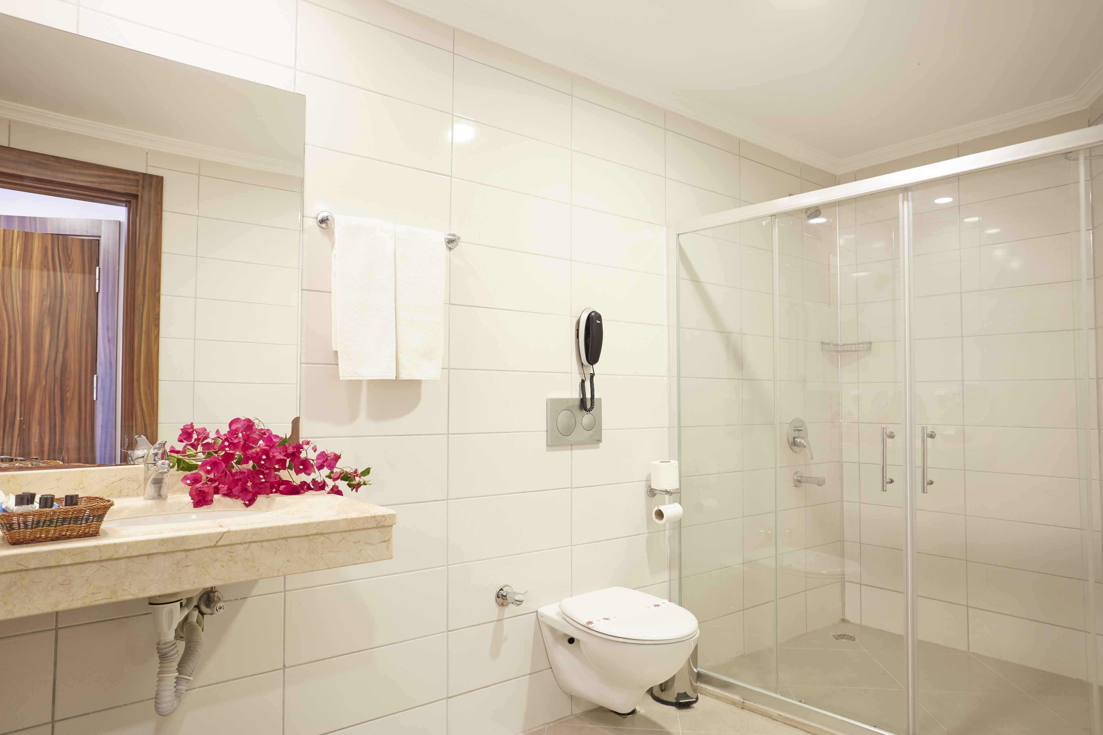 deluxe room | bathroom | shower, free toiletries, hair dryer, towels