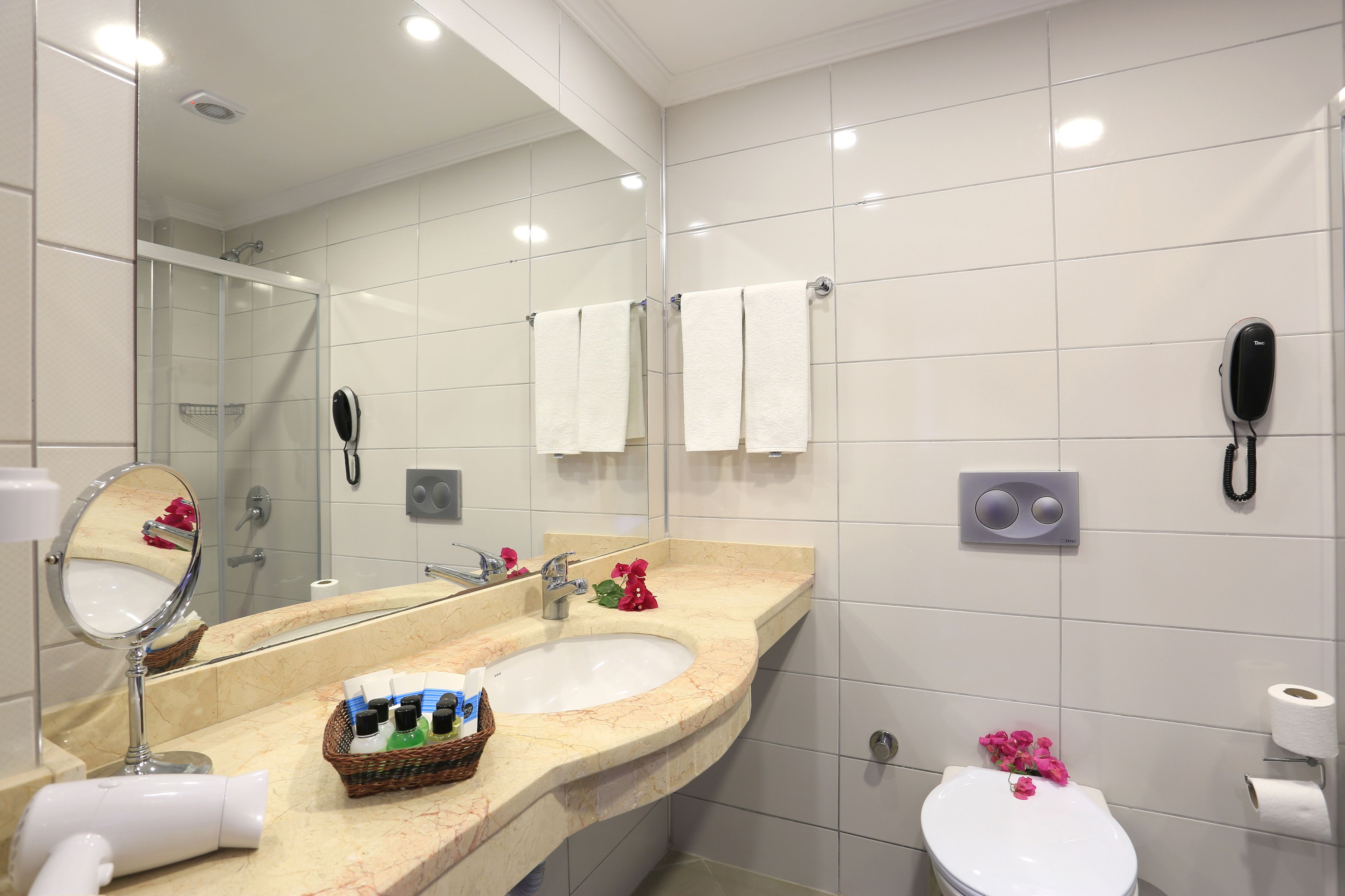standard room | bathroom | shower, free toiletries, hair dryer, towels