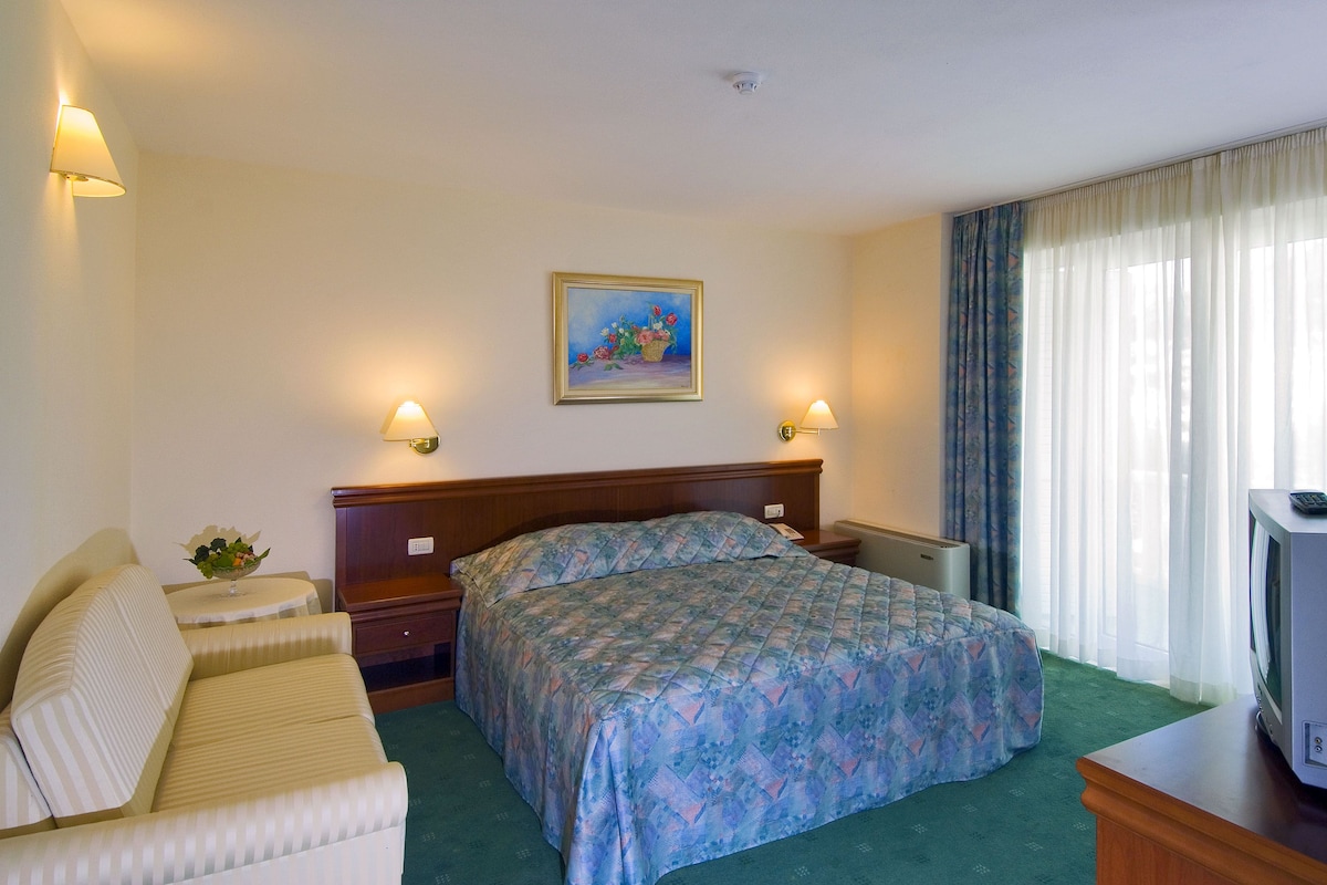 A hotel room with a bed, a sofa, a television, and a painting on the wall.