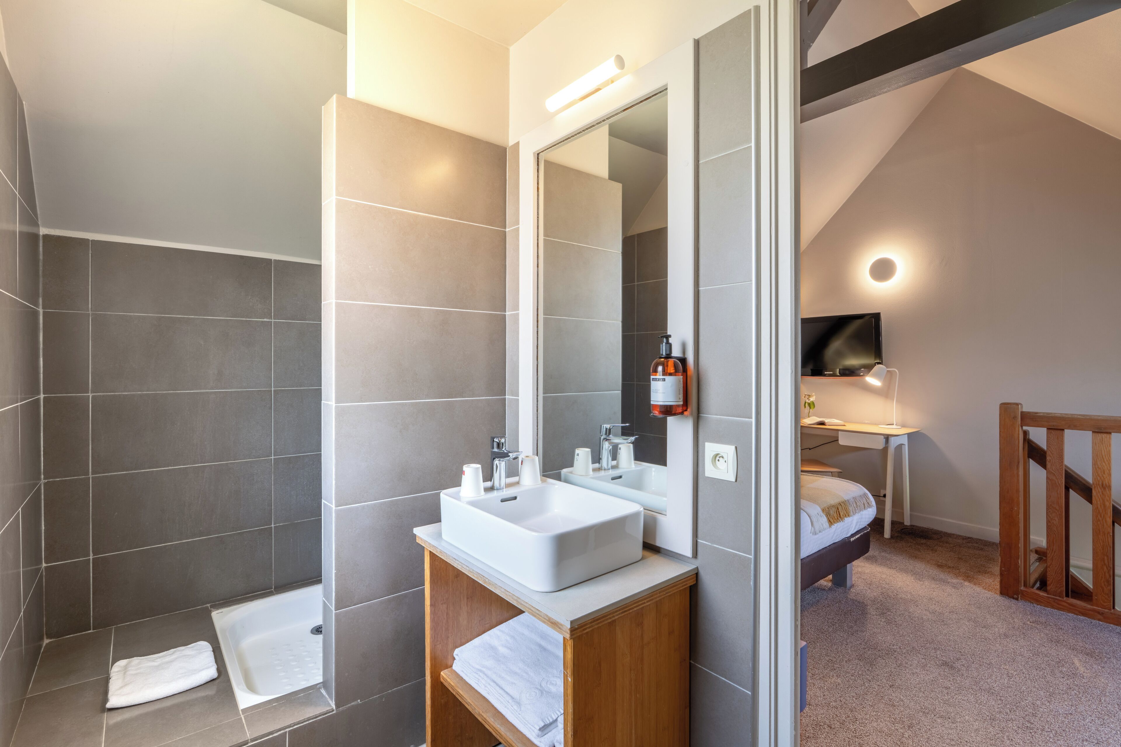 A modern bathroom with a shower, a sink, and a mirror.