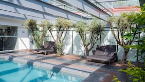 A swimming pool with two lounge chairs and small trees.