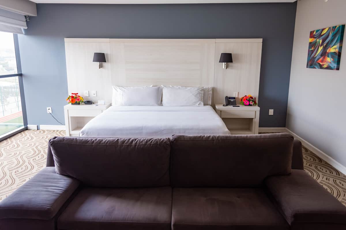Suite, 1 cama King size, vista a la ciudad | 1 habitación, caja de seguridad en la habitación y escritorio