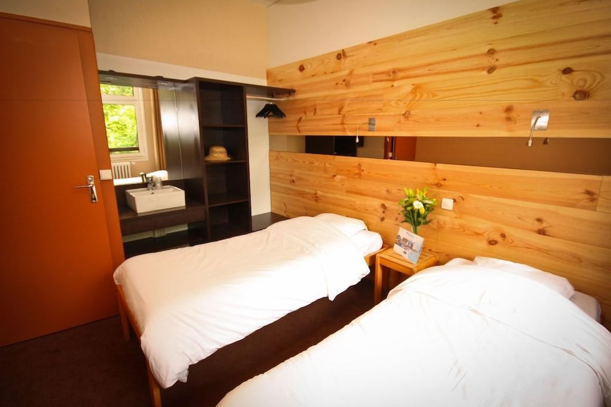Une chambre d’hôtel avec deux lits, une tête de lit en bois, une petite table de chevet avec un vase, et une fenêtre donnant sur un beau paysage.