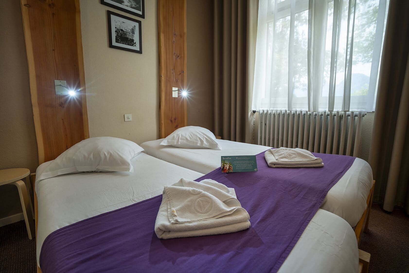 A hotel room with two beds, a purple bedspread, white pillows, and a folded towel on each bed.