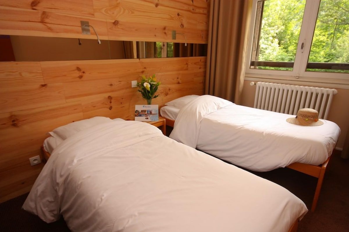 Une chambre avec deux lits simples, une tête de lit en bois, une table de chevet avec un vase et une fenêtre donnant sur un paysage verdoyant.
