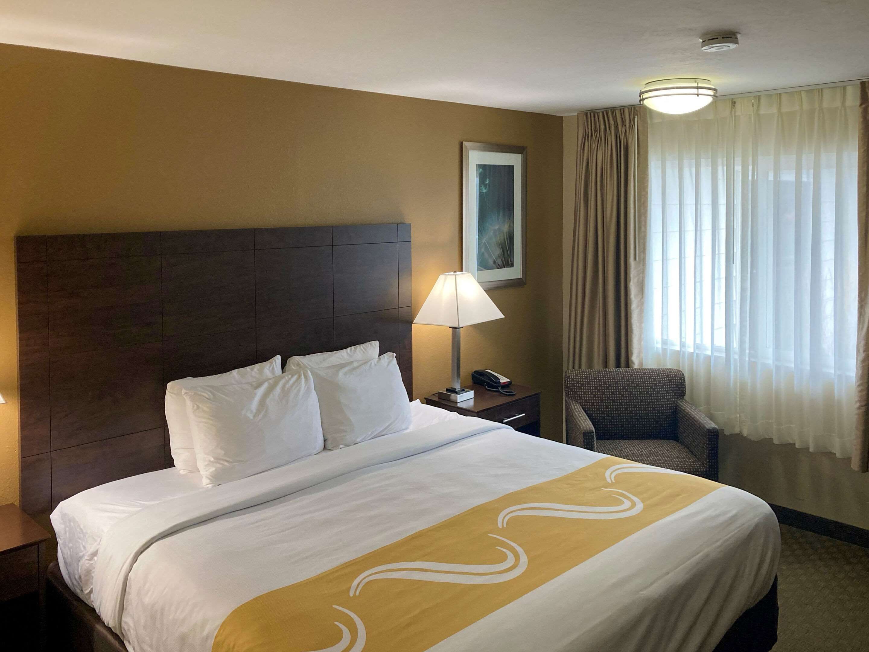 Habitación de hotel con una cama grande, una mesita de noche, una lámpara, una silla y una ventana con cortinas.
